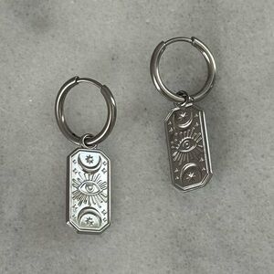 Silver Evil Eye Moon Pendant Charm Hoop Earrings 

Brand New

Stainless Steel